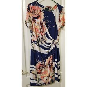 AUW Casual Career Business Party Floral Mock Wrap Dress Short Sleeve Size 8 - LN